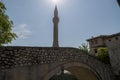 Mostar, skyline, bridge, Kriva Cuprija, Sloping Bridge, Neretva, river, mosque, minaret, Bosnia and Herzegovina, Europe