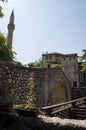 Mostar, skyline, bridge, Kriva Cuprija, Sloping Bridge, Neretva, river, mosque, minaret, Bosnia and Herzegovina, Europe