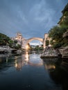 Mostar medieval ottoman stone bridge in Bosnia and Herzegovina in Balkan over Neretva river