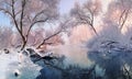 Mostly calm winter river, surrounded by trees covered with hoarfrost and snow that falls on a beautiful pink morning lighti Royalty Free Stock Photo