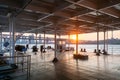 Ferry Deck at Sunset with Sparse Equipment and Bridge View Royalty Free Stock Photo