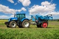 Mostys`kyi district, Lviv region, Ukraine - September 05, 2019: Agricultural machinery presentation - New Holland, new blue