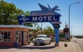 Motel Blue Swallow next to route 66 and an antique car parked at the entrance. Tucumcari, New Mexico, US