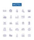 Motel line icons signs set. Design collection of Lodging, Inn, Stopover, Hostel, Resort, Accommodation, Overnight, Rest