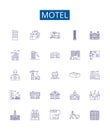 Motel line icons signs set. Design collection of Lodging, Inn, Stopover, Hostel, Resort, Accommodation, Overnight, Rest