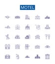 Motel line icons signs set. Design collection of Lodging, Inn, Stopover, Hostel, Resort, Accommodation, Overnight, Rest