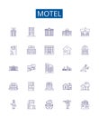 Motel line icons signs set. Design collection of Lodging, Inn, Stopover, Hostel, Resort, Accommodation, Overnight, Rest