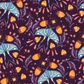 Moth and floral motifs, seamless pattern design. Colorful flat vector illustration with moth, flowers Royalty Free Stock Photo