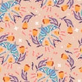 Moth and floral motifs, seamless pattern design. Colorful flat vector illustration with moth, flowers, floral elements Royalty Free Stock Photo