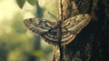 Macro shot of a large moth with intricate patterns on its wings resting on a tree trunk, soft bokeh background Royalty Free Stock Photo