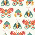 Moth seamless pattern. A butterfly decorated with a collection of flowers. Hand drawn doodle illustration in simple Royalty Free Stock Photo