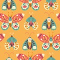 Moth seamless pattern. A butterfly decorated with a collection of flowers. Hand drawn doodle illustration in simple Royalty Free Stock Photo