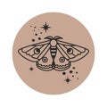 Moth and stars highlights for social networks. Line drawing esoteric, magical, mystical