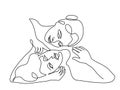 Mother and adult daughter hug One line drawing