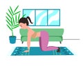 The mother is on all fours, the woman is doing relaxing back exercises in the living room, practicing yoga. Calm parent