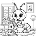 Mother ant plays with her baby in a room with toys. Children coloring book. Raster, generative ai. Royalty Free Stock Photo