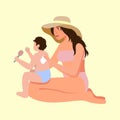 Mother applying sunscreen to baby. UV protection. Vacation on the beach. SPF cream using vector illustration Royalty Free Stock Photo