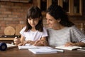 Young female teacher tutoring little girl pupil at home lesson Royalty Free Stock Photo