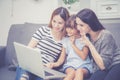 Mother, Aunt and kid having time together lerning with using laptop computer at home with relax and happy on couch