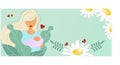Mother avd baby. Delicate banner with daisies for Mother's Day. A young mother gently holds the baby in caring hands