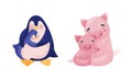 Mother and baby animals set. Penguin and pig moms hugging their kids cartoon vector illustration Royalty Free Stock Photo