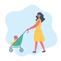 Mother with baby boy on a walk. Cute young woman in a yellow dress with a green baby stroller