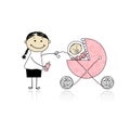 Mother with baby in buggy walking