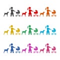 Mother with baby carriage walking with dog icon or logo, color set Royalty Free Stock Photo