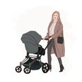 Mother with baby carriage walking on the street hand drawn illustration. Girl pushing a stroller fashion sketch. Mothe