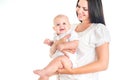 Mother and baby child smiling. Happy family. White background Royalty Free Stock Photo