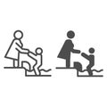 Mother and baby in children pool line and solid icon, waterpark concept, water area for children sign on white