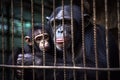 mother and baby chimpanzee sit in a cage at the zoo with a sad look Royalty Free Stock Photo