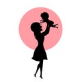 Mother and baby daughter playing, mom lifting up child in the air, silhouette vector illustration