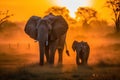 Mother and baby elephant walking together through the savana at sunset. Amazing African wildlife. Generative Ai Royalty Free Stock Photo