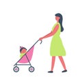 Mother with baby girl on a walk. Cute young woman in a green dress with a pink baby stroller