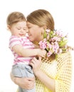 Mother and Baby Gives Flower Bouquet Gift, Mom Embrace Daughter