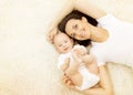 Mother and Baby, Happy Kid Boy with Mom in Bed, Family and Child Royalty Free Stock Photo