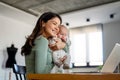 Mother with baby having video call online, conversation with relatives, communicating with friends