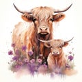 Mother and Baby Highland Cow Standing in Field with Thistles Watercolor Clipart AI Generated