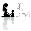 Mother and baby icon silhouettes. Woman family child protect vector.