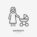 Mother baby line icon, vector pictogram of woman with stroller. Young mom on maternity leave, babysitting illustration