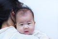 Mother and baby, Lovely asian girl resting on her mother's shoul Royalty Free Stock Photo