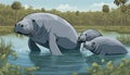 A mother and baby manatee swimming in the water