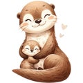 Mother and baby Otter animal watercolor clipart. Ai Generate Royalty Free Stock Photo