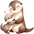 Mother and baby Otter animal watercolor clipart. Ai Generate Royalty Free Stock Photo