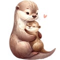 Mother and baby Otter animal watercolor clipart. Ai Generate Royalty Free Stock Photo