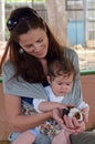 Mother and baby petting Guinea pig cub