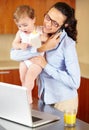 Mother, baby and phone call on laptop for work from home, business planning and multitasking in kitchen. Single mom Royalty Free Stock Photo