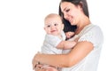 Mother and baby playing and smiling. Happy family. White background Royalty Free Stock Photo