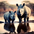 Mother and Baby Rhino Getting Ready to Drink Water from Jungle Lake - Close-Up Photograph, Hyper-Detailed Royalty Free Stock Photo